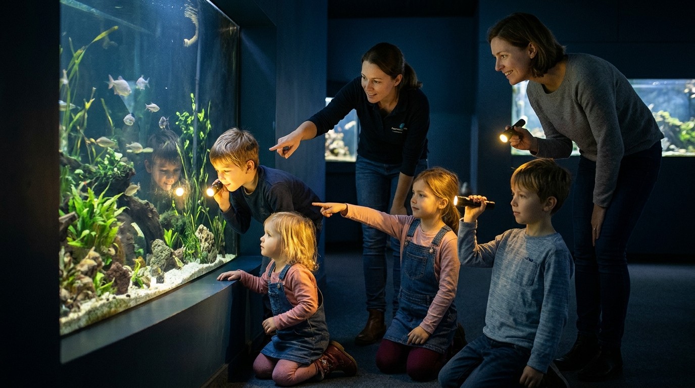 KI-generiertes Bild: Taschenlampen-Familientour — Aquarium Berlin