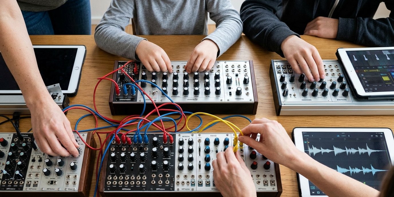 AI-generated image: Synthesizer meetup — Heinrich-Schulz-Bibliothek