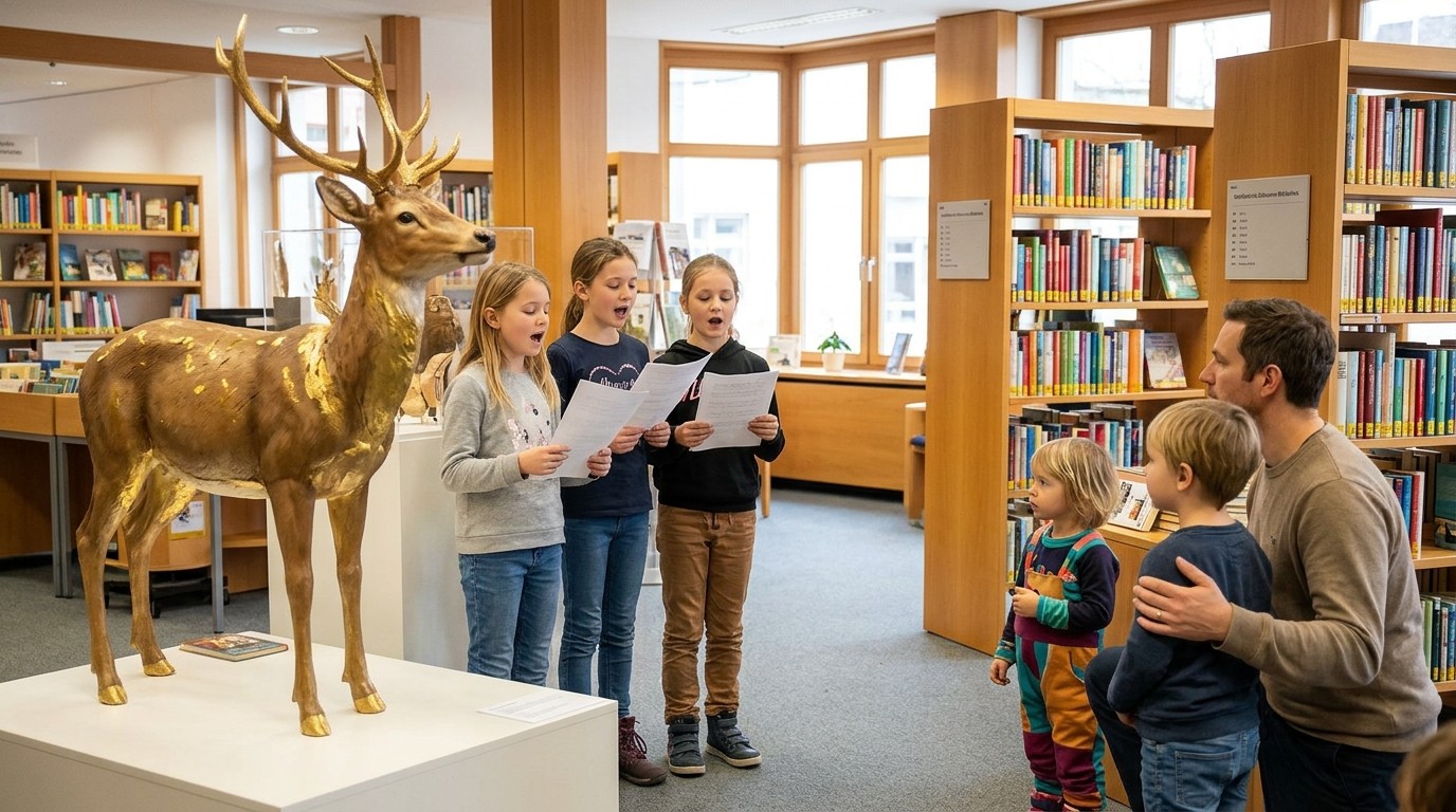AI-generated image: Exhibit opening “Hirsch Heinrich” — Wolfdietrich-Schnurre-Bibliothek