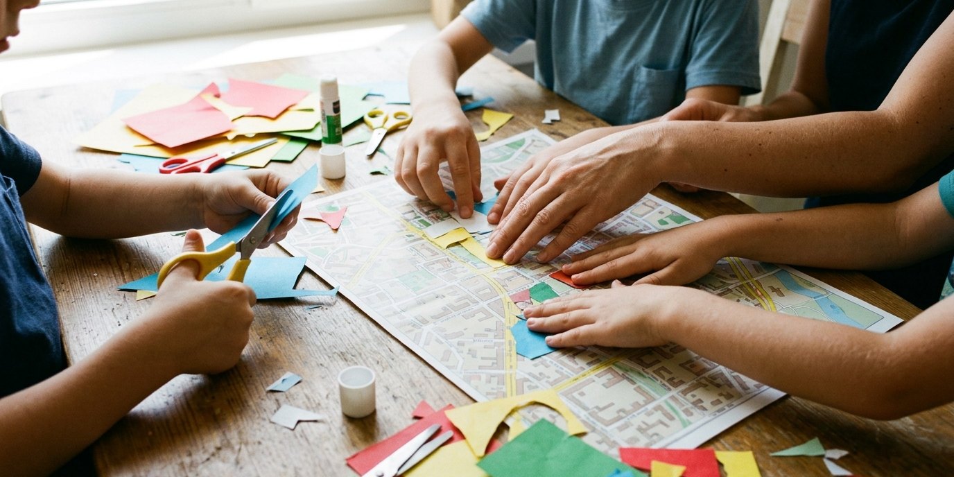 AI-generated image: Paper collage city map workshop — Haus der Volkshochschule