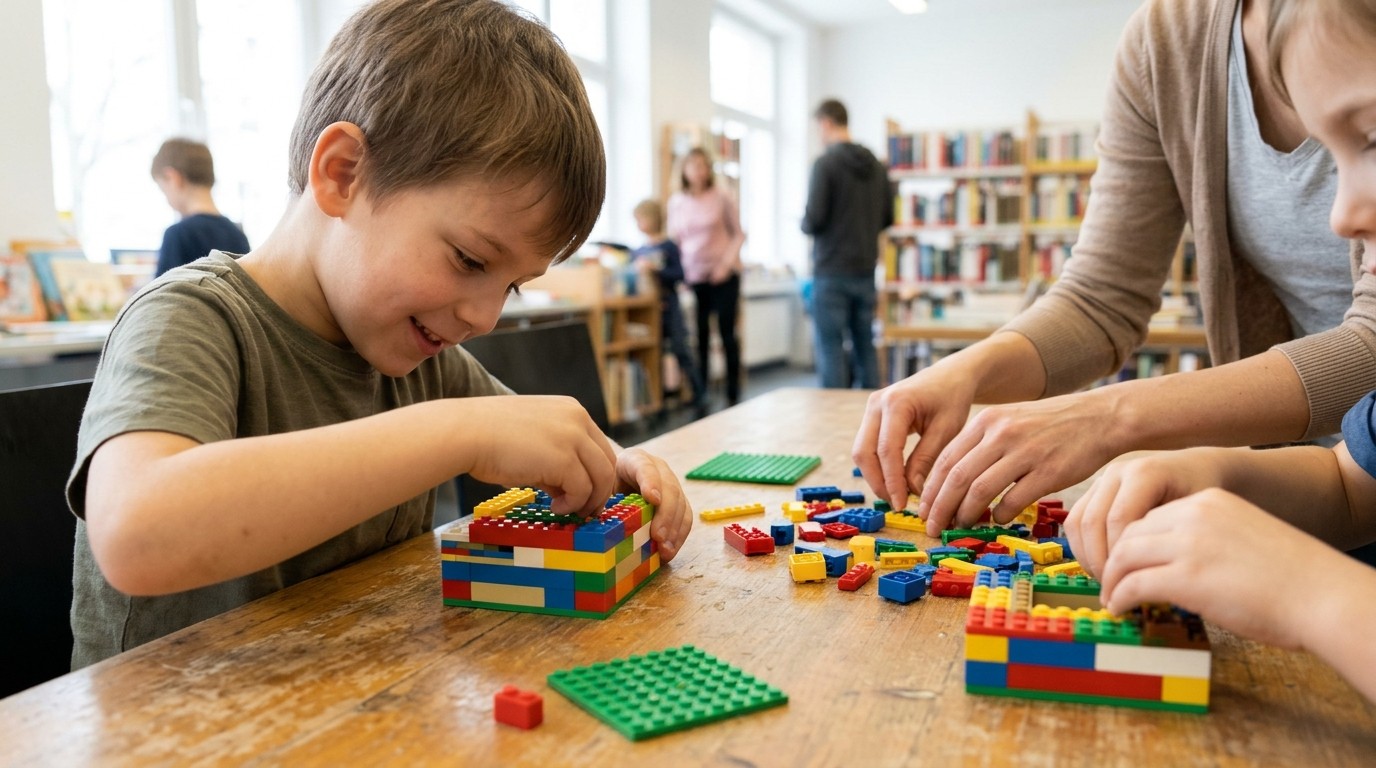 AI-generated image: LEGO building afternoon — Eberhard-Alexander-Burgh-Bibliothek