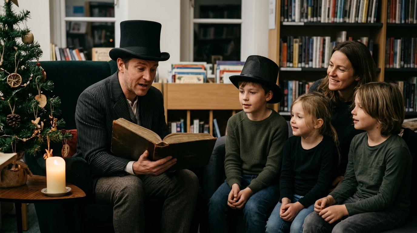 KI-generiertes Bild: Szenische Lesung „Die Weihnachtsgeschichte“ — Bibliothek Tiergarten-Süd