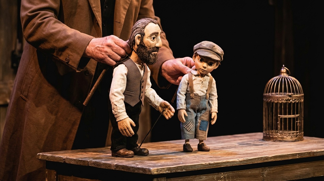 AI-generated image: Puppet show “Josa and the Magic Fiddle” — Fliegendes Theater