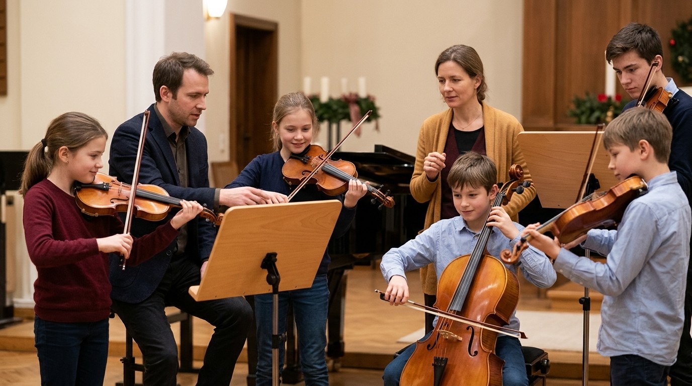 AI-generated image: Advent concert: Flitzebögen & Wilmersdorfer Streichhölzer — Kirchsaal des Evangelischen Campuses Daniel
