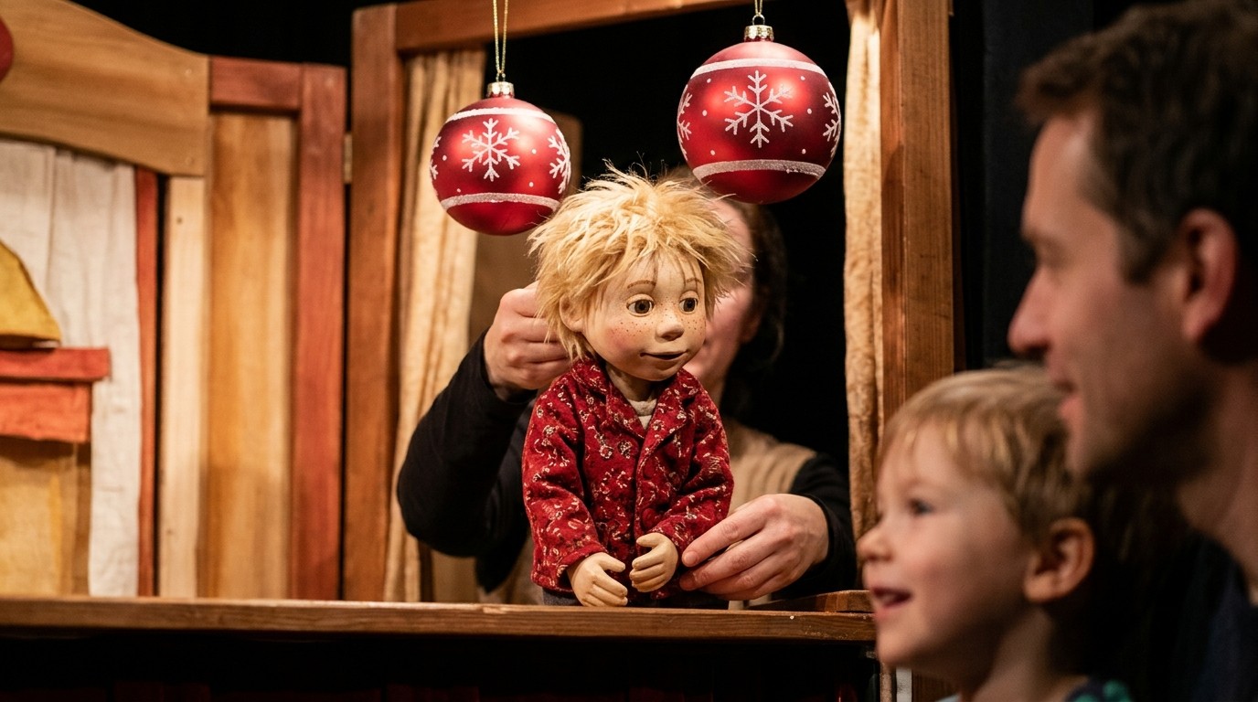 AI-generated image: Family play “Justin allein zu Haus” — Figurentheater Grashüpfer