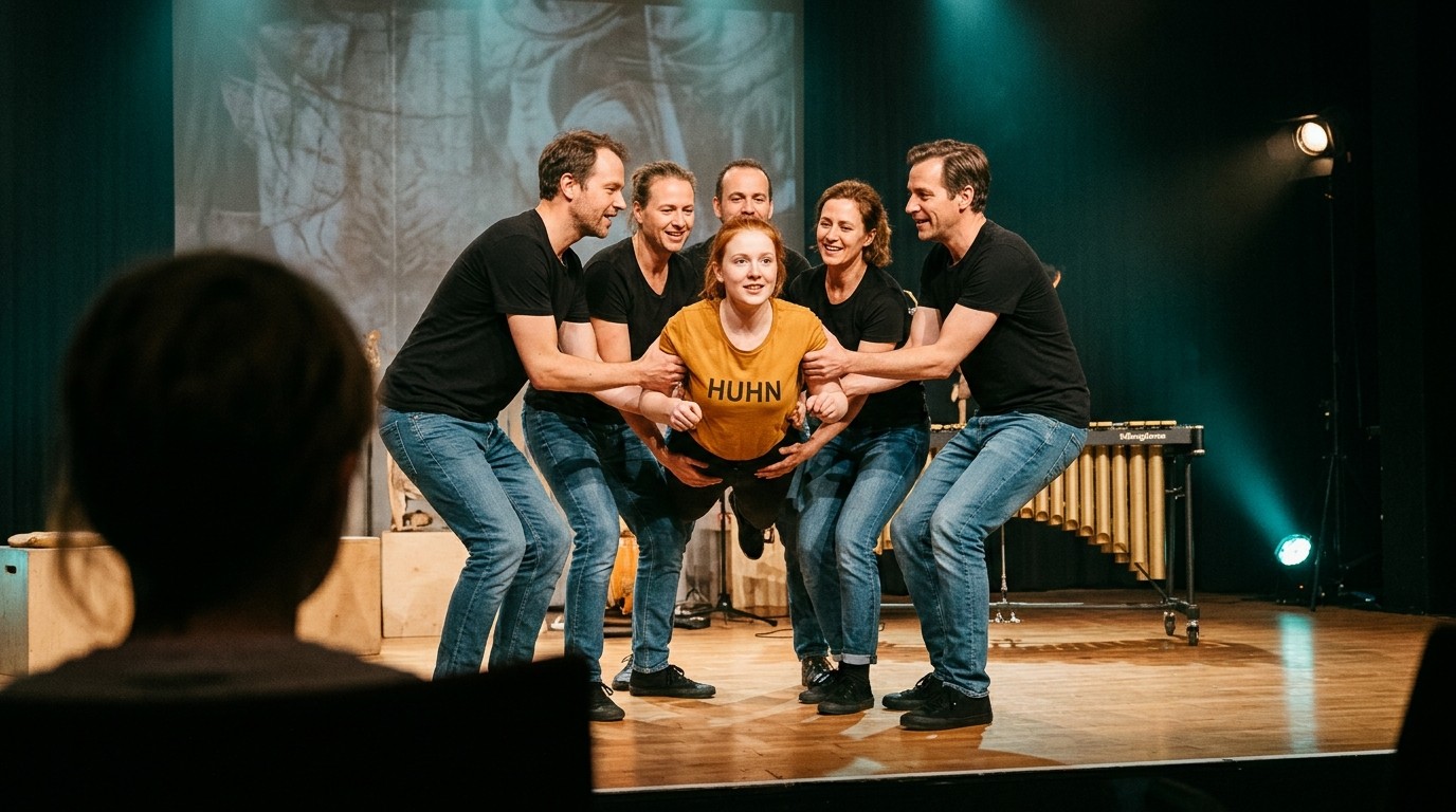 Изображение, созданное ИИ: Спектакль «Das Huhn lügt» — ATZE Musiktheater