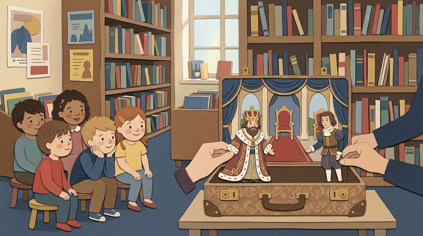 Illustration: Suitcase theatre “The Emperor’s New Clothes” — Bibliothek Heinrich-von-Kleist