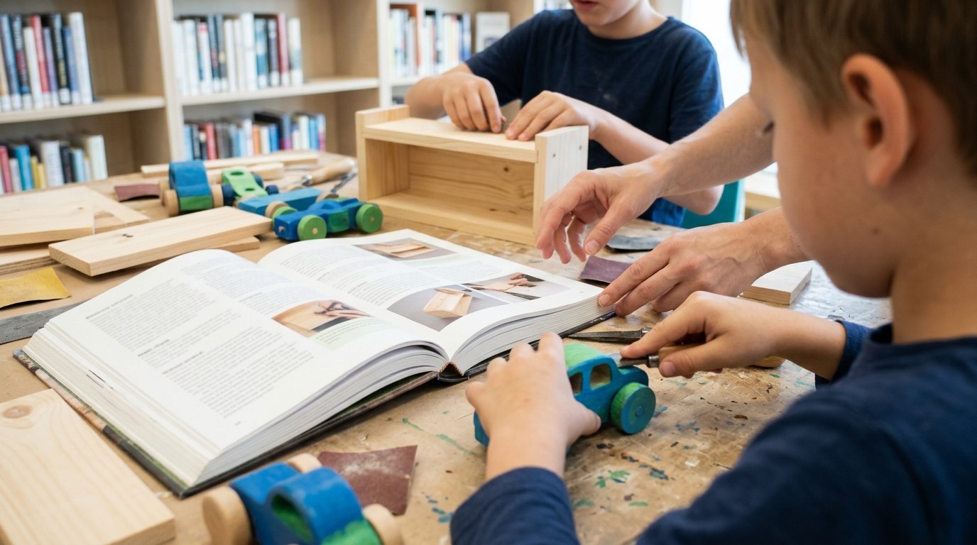 KI-generiertes Bild: Holzwerkstatt — Pablo-Neruda-Bibliothek