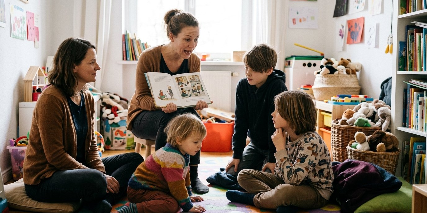 KI-generiertes Bild: Vorlesen und Erzählen — Philipp-Schaeffer-Bibliothek