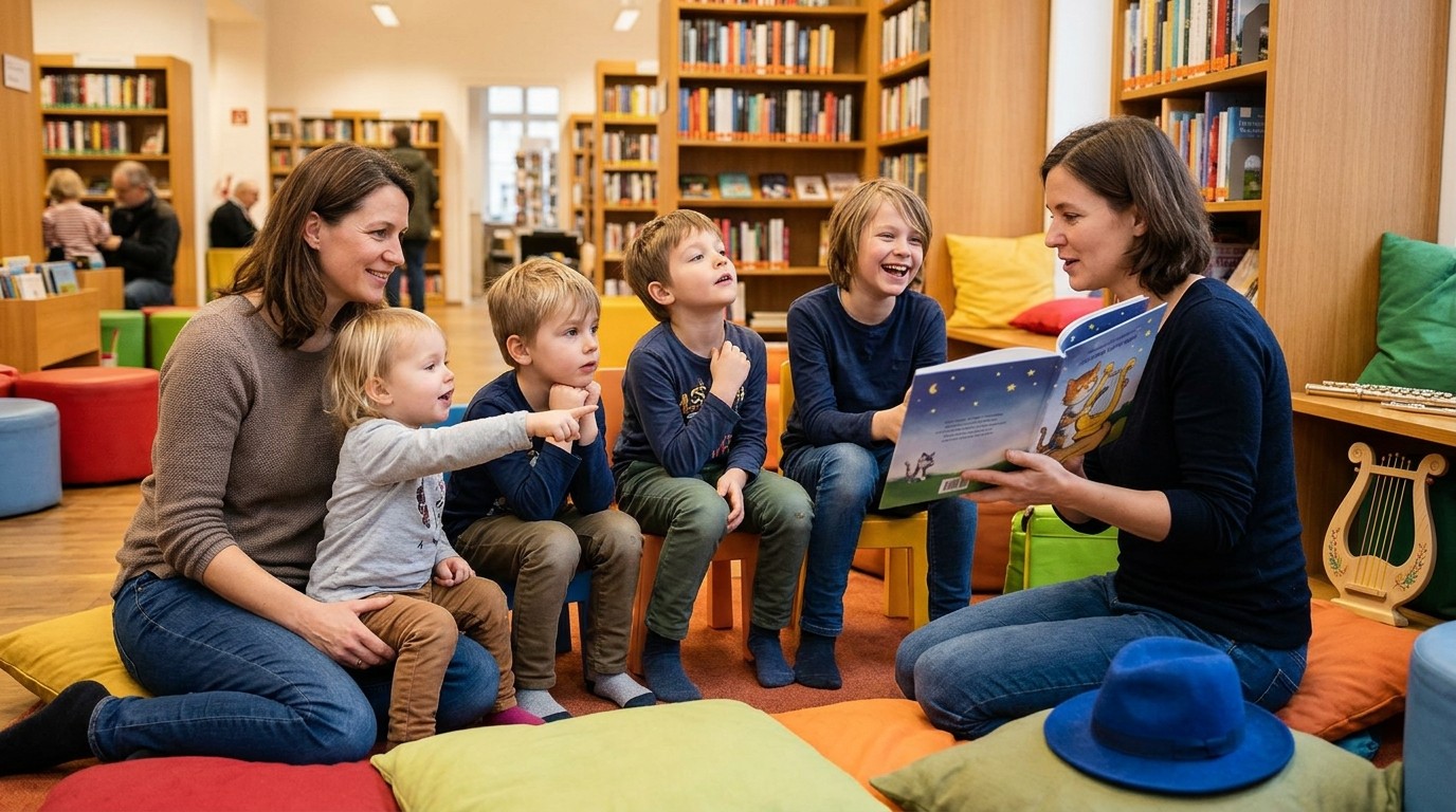 KI-generiertes Bild: Lesung auf Griechisch „Die drei kleinen Wölfchen“ — Ingeborg-Drewitz-Bibliothek
