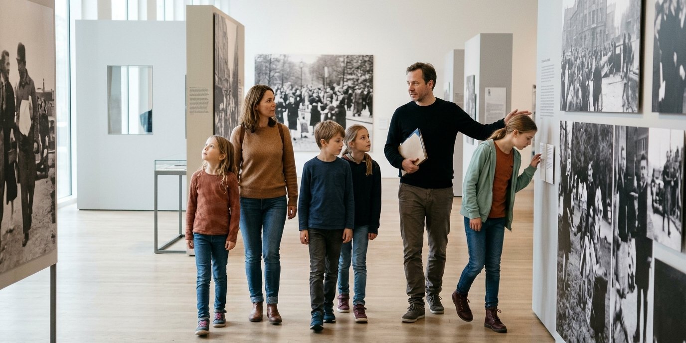 AI-generated image: Guided tour “Families in flight” — Erinnerungsstätte Notaufnahmelager Marienfelde