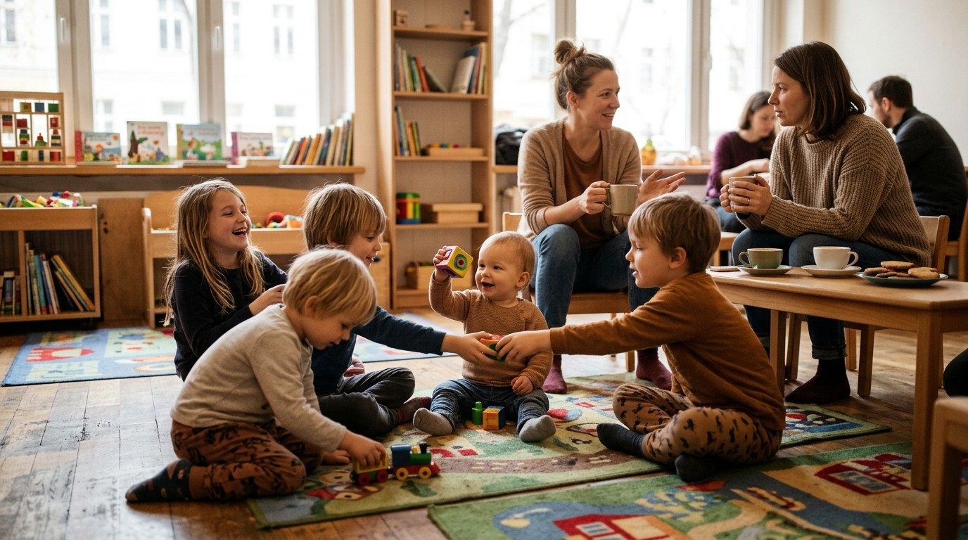 AI-generated image: Queer café for solo parents — Regenbogenfamilienzentrum Lichtenberg